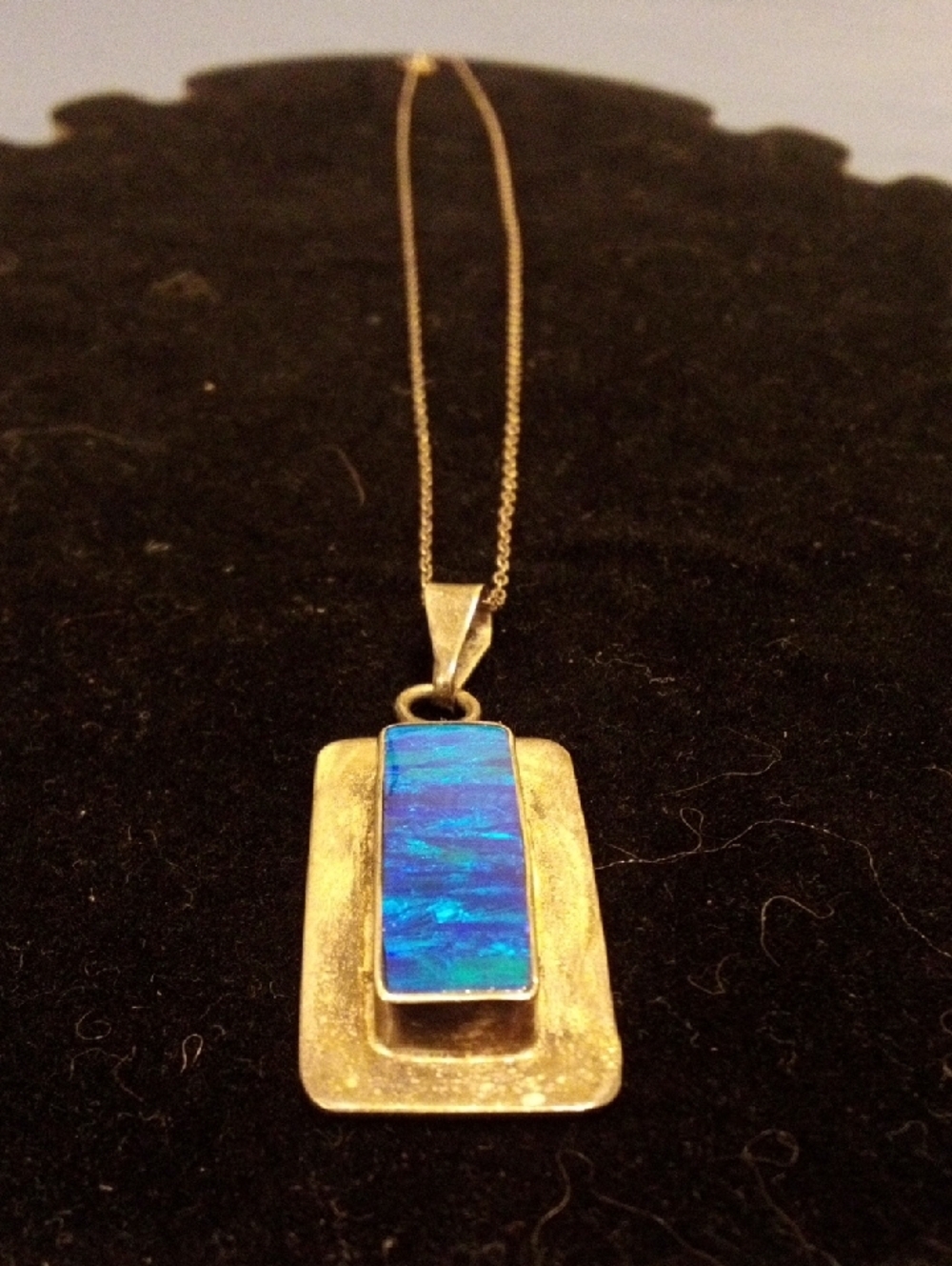 Rectangular Blue Inlay Pendant Necklace with Silver-Tone Frame